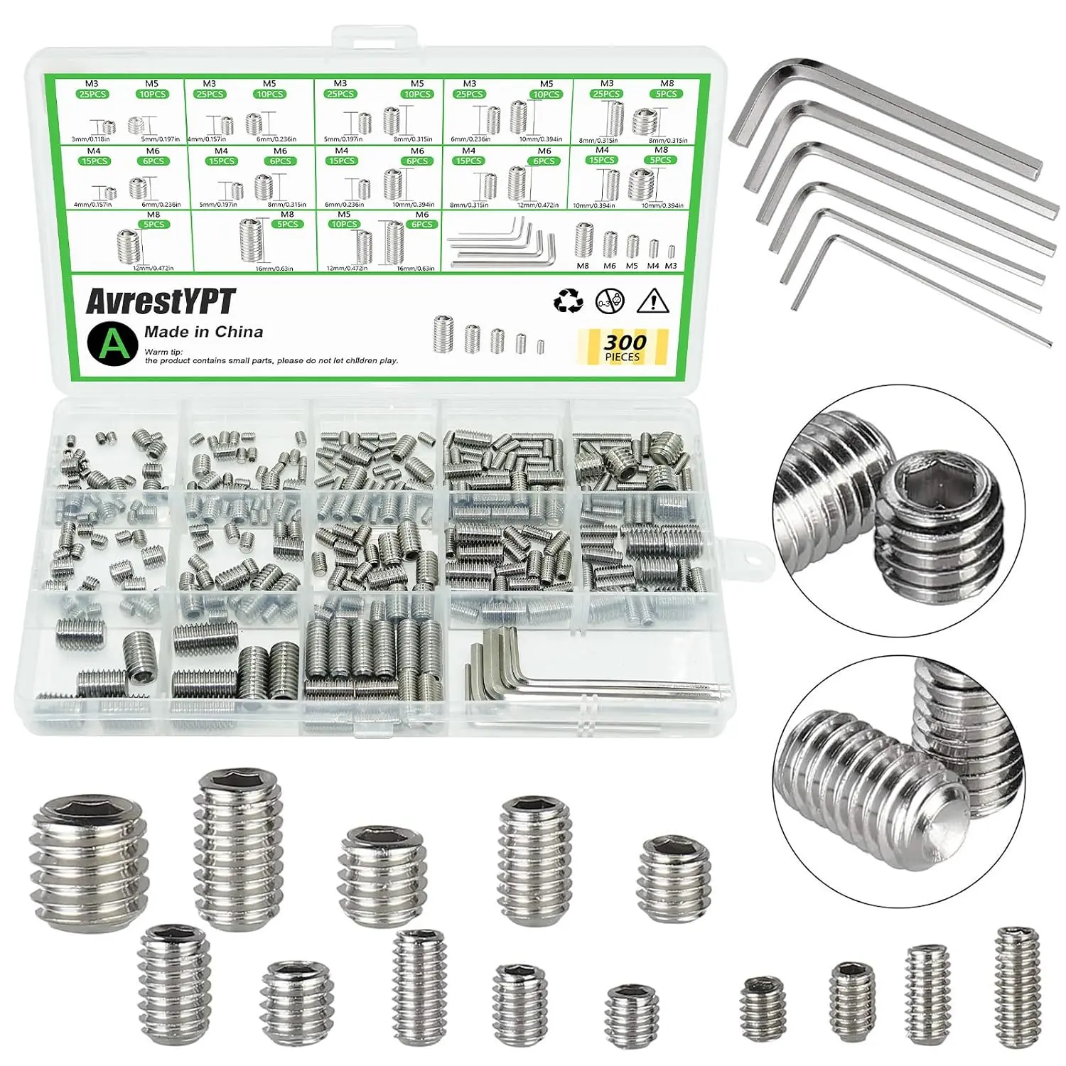 300 Pcs Set Screws, M3 M4 M5 M6 M8 Screws Assortment Kit,Allen Head Screws