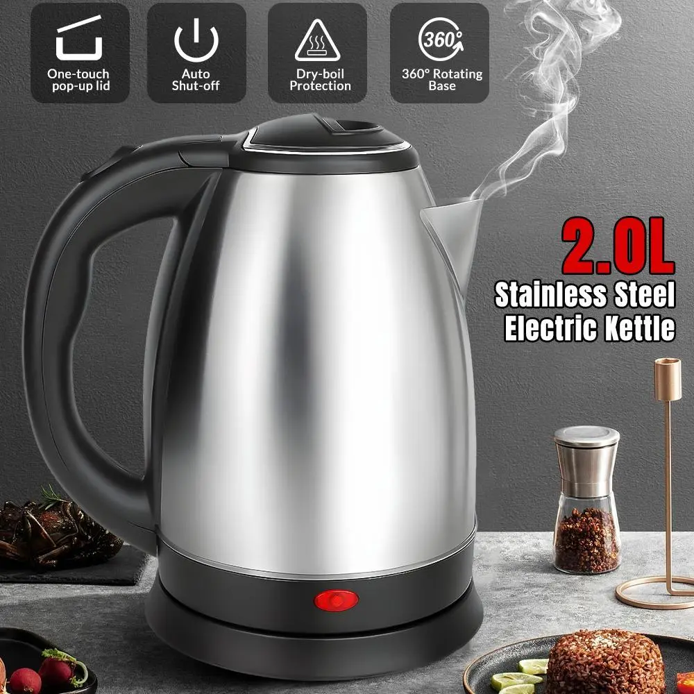 【Toolupgrade】Portable Electric Kettle - 110V US Plug, 1000W, 2L, 230mm, Food-Grade SS, Mirror Polish, Auto Shut-Off, Fast Boiling, Easy-Press Lid, Anti-Leak Spout, Ideal for Dorm & Home Use