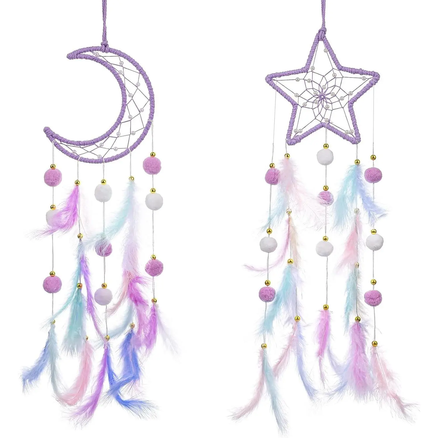 Purple Dream Catcher Wall Hanging Set, 2 Pcs Moon Star Pompom Feather Dreamcatcher Handmade Boho Wall Decor for Bedroom Nursery Walls Art Birthday Gifts
