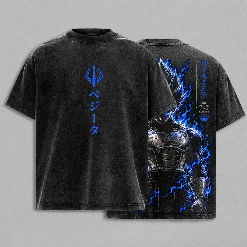 Prince of All ''Saiyans'' Graphic Tee Vintage Washed Shirt DBZ Anime Streetwear T-Shirt ''Saiyan'' Warrior Power Up Manga Tee Oversized Unisex Gift for DBZ Fans and Anime Lovers