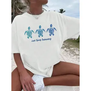 Viral Trendy Coastal Cowgirl Aesthetic Graphic T-Shirt, Just Keep Swimming Ombre, Gradient Sea Turtle Print, Oversized Slouchy Loose Baggy Soft Breathable Tee, Summer Beach Vacation Top, Ideal for Casual Days, Ocean Vibes Outfits, Everyday Loungewear
