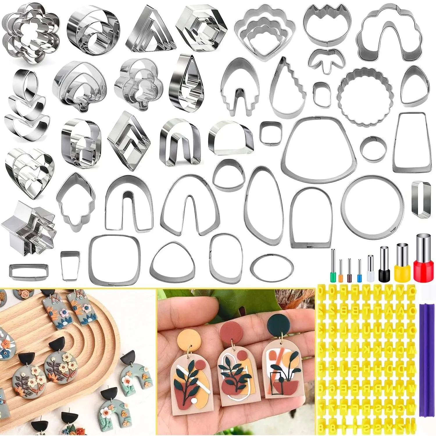 76pcs Polymer Clay Cutters Set for Earring Making, 67 Stainless Steel Shape Cutters, 8 Circle Cutters and 1 Letter Stamp
