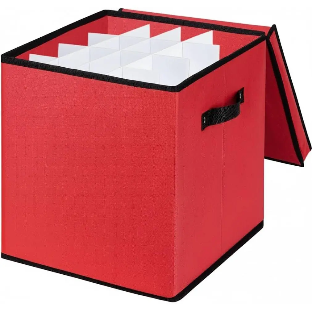 Christmas Ornament Storage Box with Dividers - Holiday Ornament Organizer Bag - Holds 64 Balls - Durable Red Fabric Container, No Tray - Foldable Xmas Decorations Storage