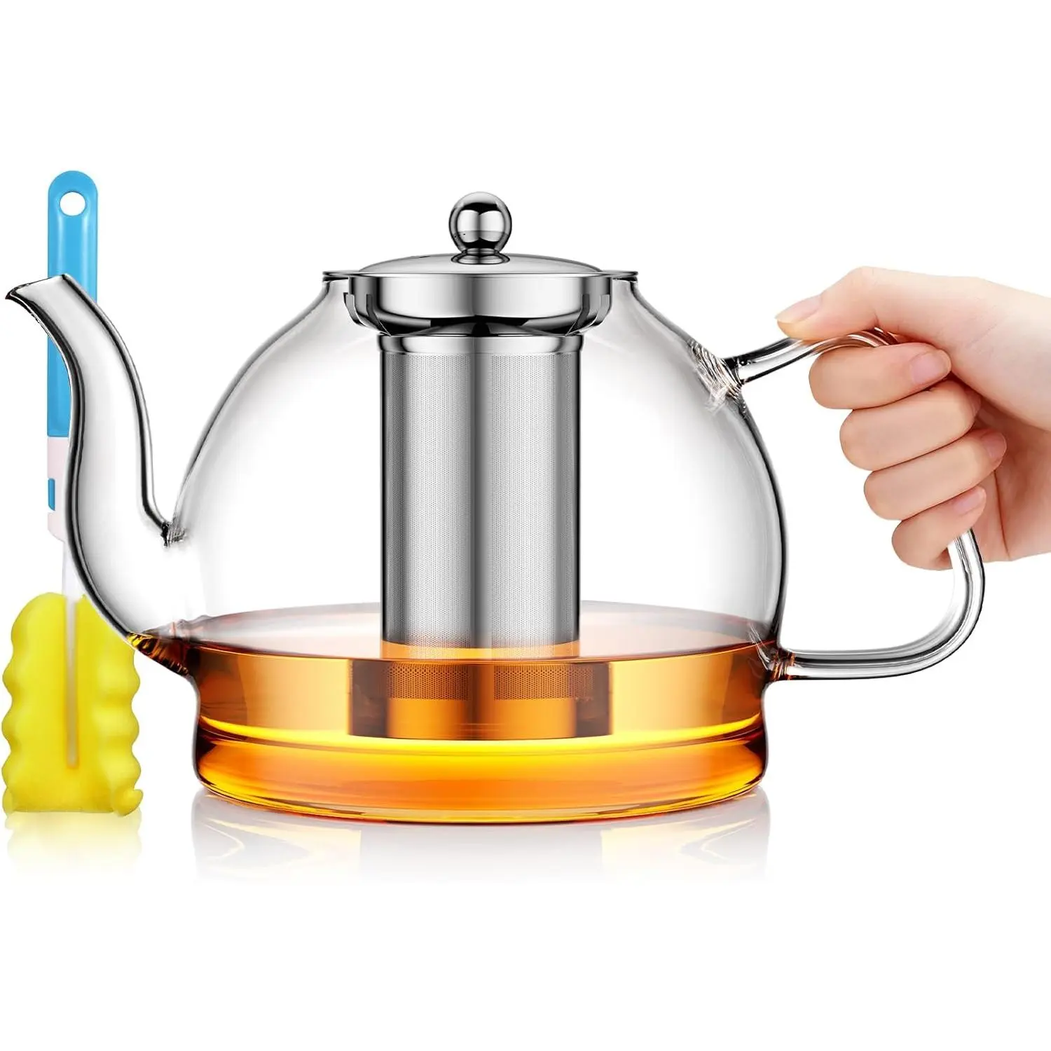 1800ml Glass Teapot with Infuser, Stovetop Safe Large Tea Pot, Hand Crafted Borosilicate Glass Tea Kettle, Blooming and Loose Leaf Tea Maker Tea Lovers, Tea Gift Set with Cleaning Brush
