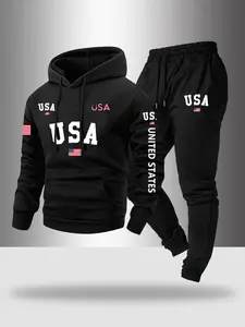 Men's Letter Print Hoodie Set, Usa Flag Design, Pocket Drawstring Long Sleeves Sweatshirt & Elastic Waist Pants, Fall Winter Casual Wear, Track Pants Set
