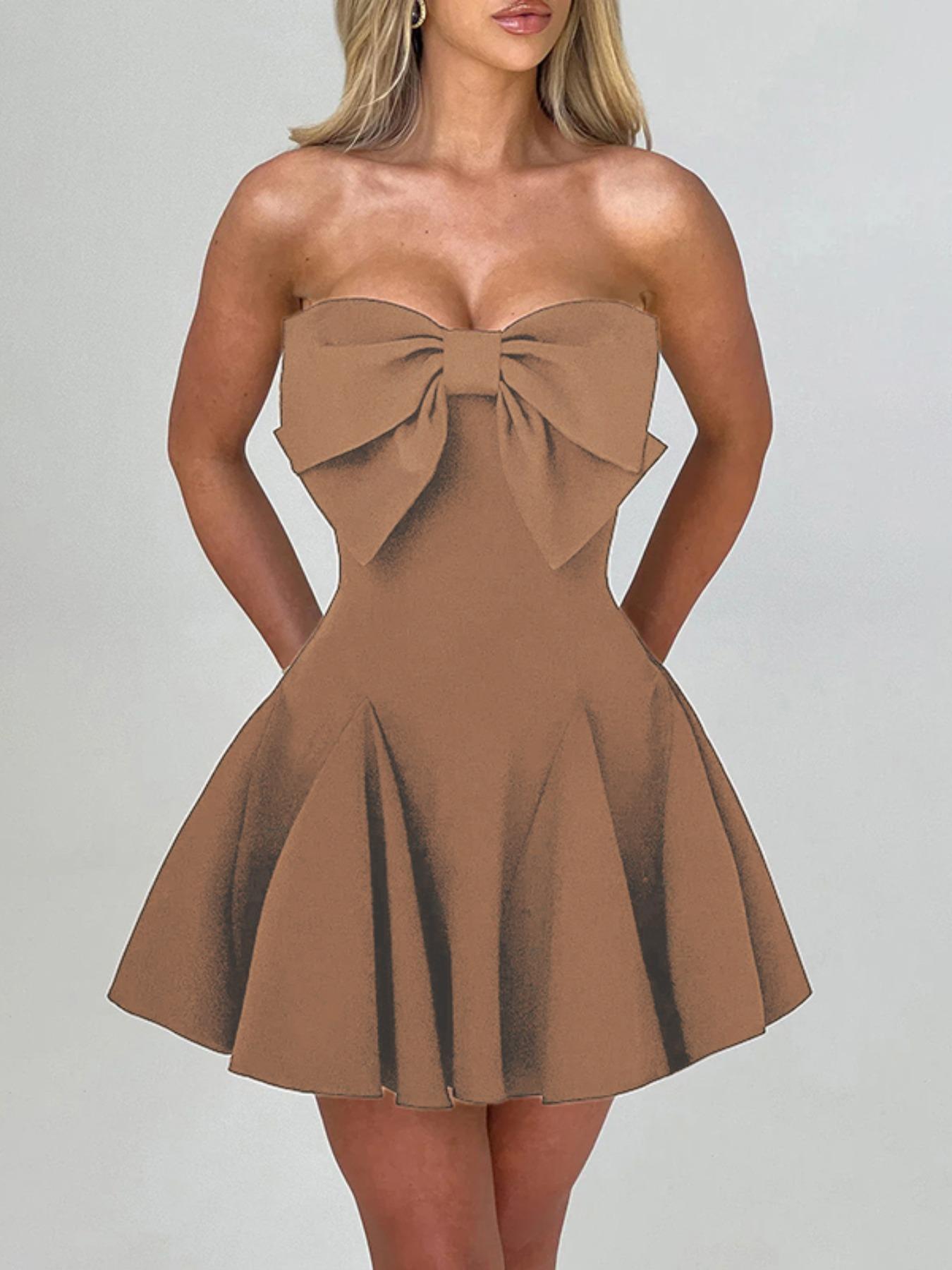 Women's Bow Decor Backless Tube Short Fitted Dress, Fashion Casual Strapless Sleeveless Fit and Flare Dress for Daily Outdoor Wear, Women Dress for Spring Fall