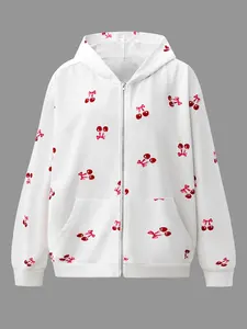 Women's Cherry Full Print Zipper Hoodie, Loose Fit Casual Comfortable Fashion Versatile, Stylish Pullover for Daily Wear