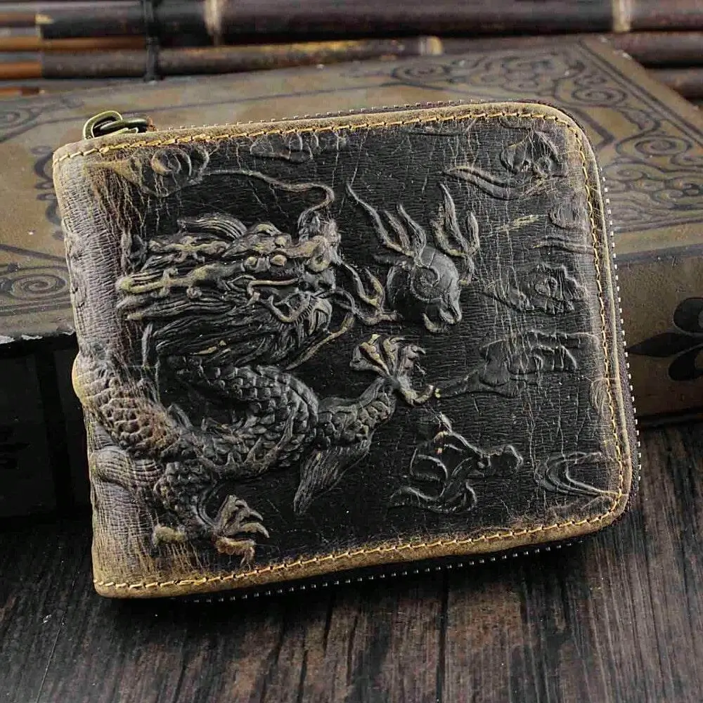 Men's Genuine Leather Clutch Wallet - Fly Dragon Design, Zip Closure, Casual Wear Everyday Carry, Retro Chic Card & Cash Organizer