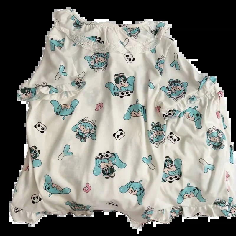 Kawaii Hatsune Miku Panda Thin Short-sleeved Women Pajamas Set New Summer Japanese Cartoon Cute Lace Soft Home Suit Pyjama Pants