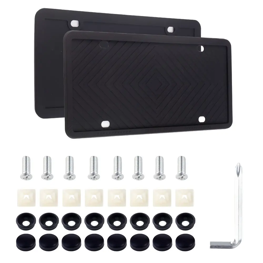 License Plate Frame 2 Pack Black, Universal Silicone Automotive License Plate Holder for Cars, SUVs, Vans, Rustproof & Weatherproof, Anti-Scratch License Plate Protector, Easy Installation for Men & Women