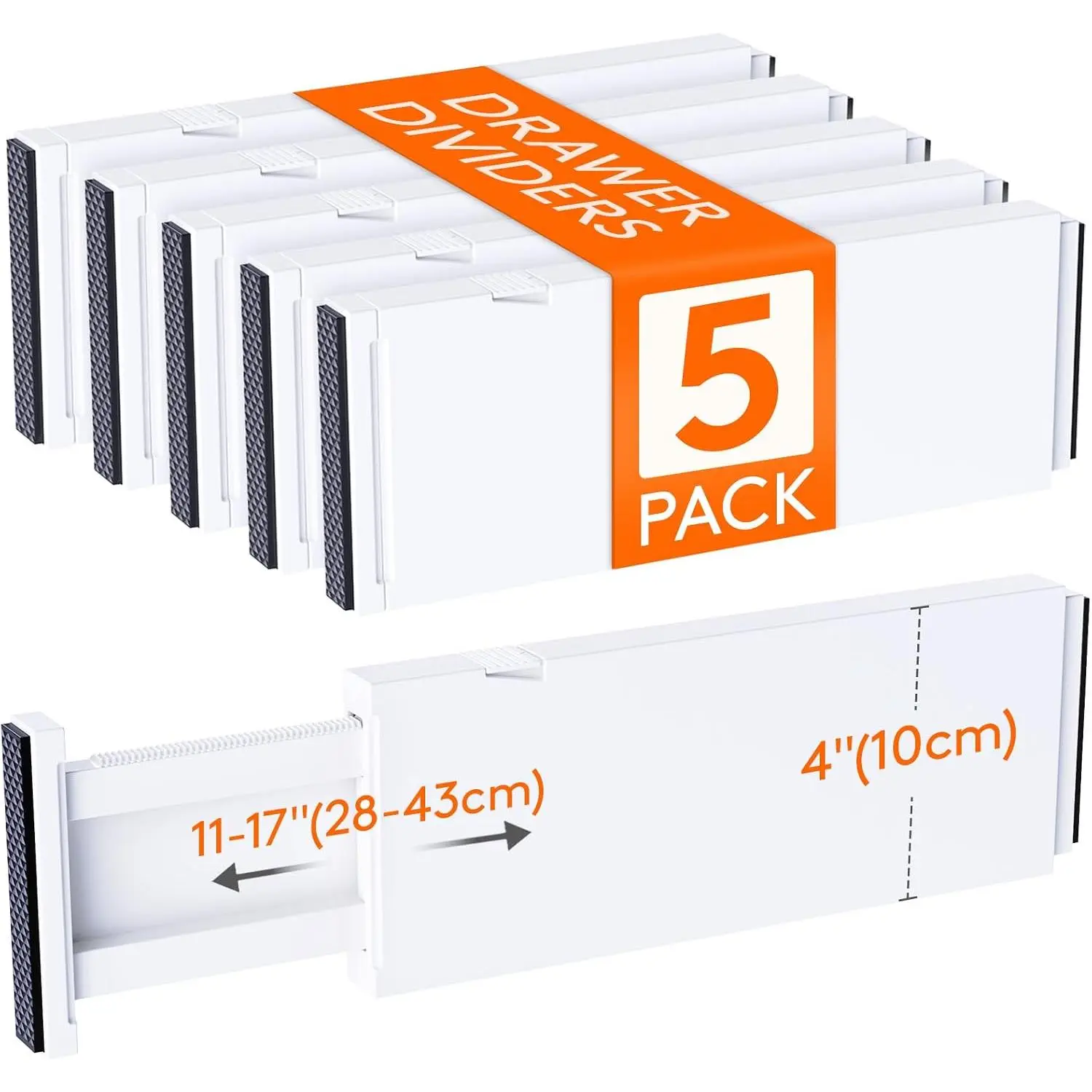 5 Pack Adjustable Drawer Dividers, 4"High Expandable 11"-17" White Plastic Drawer Separators, Dresser Organizers for Clothes, Kitchen, Nursery & Office Storage