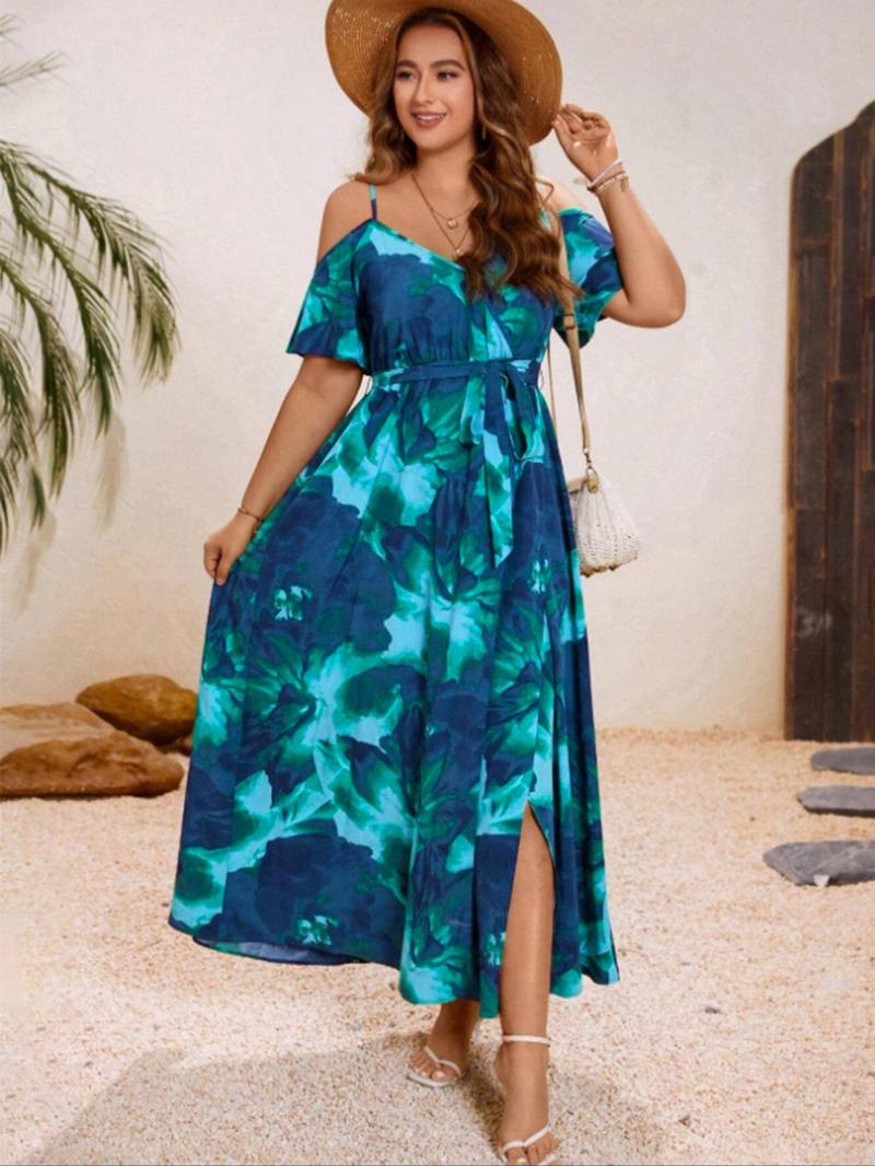 【Plus Size】 All Over Print Cold Shoulder Dress, Boho Short Sleeve Dress for Beach Holiday Vacation, Women's Clothes for Summer, Boho Style Dresses