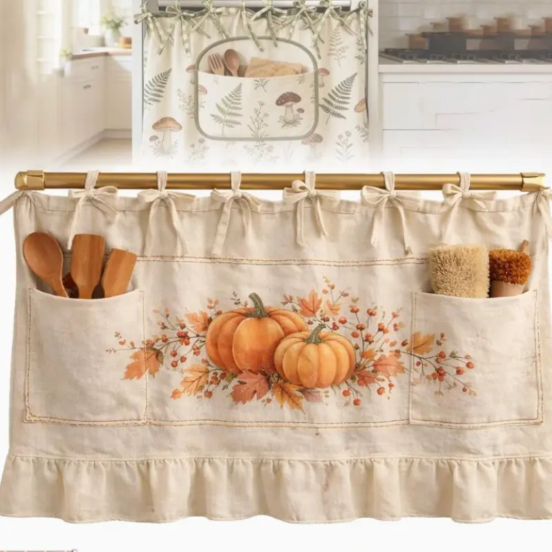 1pc Oven Skirt Curtain with Pockets, Pumpkin pattern，Halloween decoration，Handmade Oven Skirt, Modern Farmhouse Kitchen Decor, Ribbon Ties, Tabs & Ruffled Trim, for Dishwashers, Washing Machines & Ranges