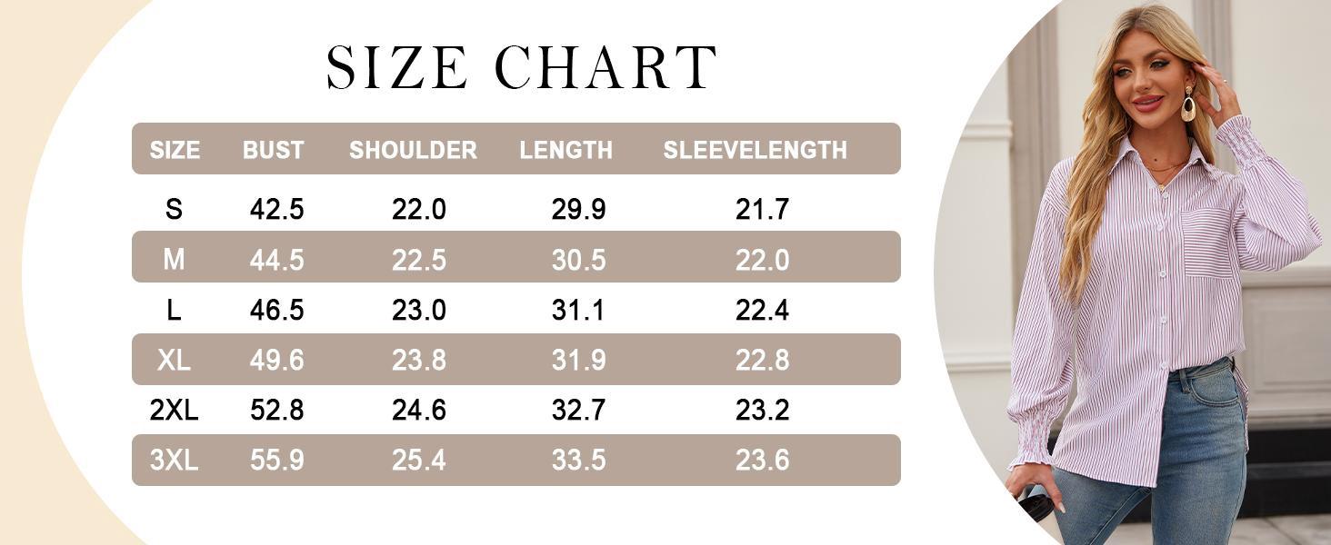 Womens Button Down Shirts Striped Smocked Cuff Long Sleeve Blouses with Pocket Casual Collar Office Work Tops