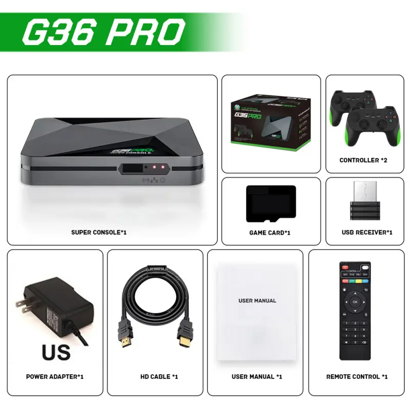 G36 PRO Retro Android Game Box Home Console - Amlogic S905 Dual-System, Up to 4K HDMI Output, 2x 2.4GHz Wireless Controllers, USB Compatible, Plug & Play for TV/Monitor