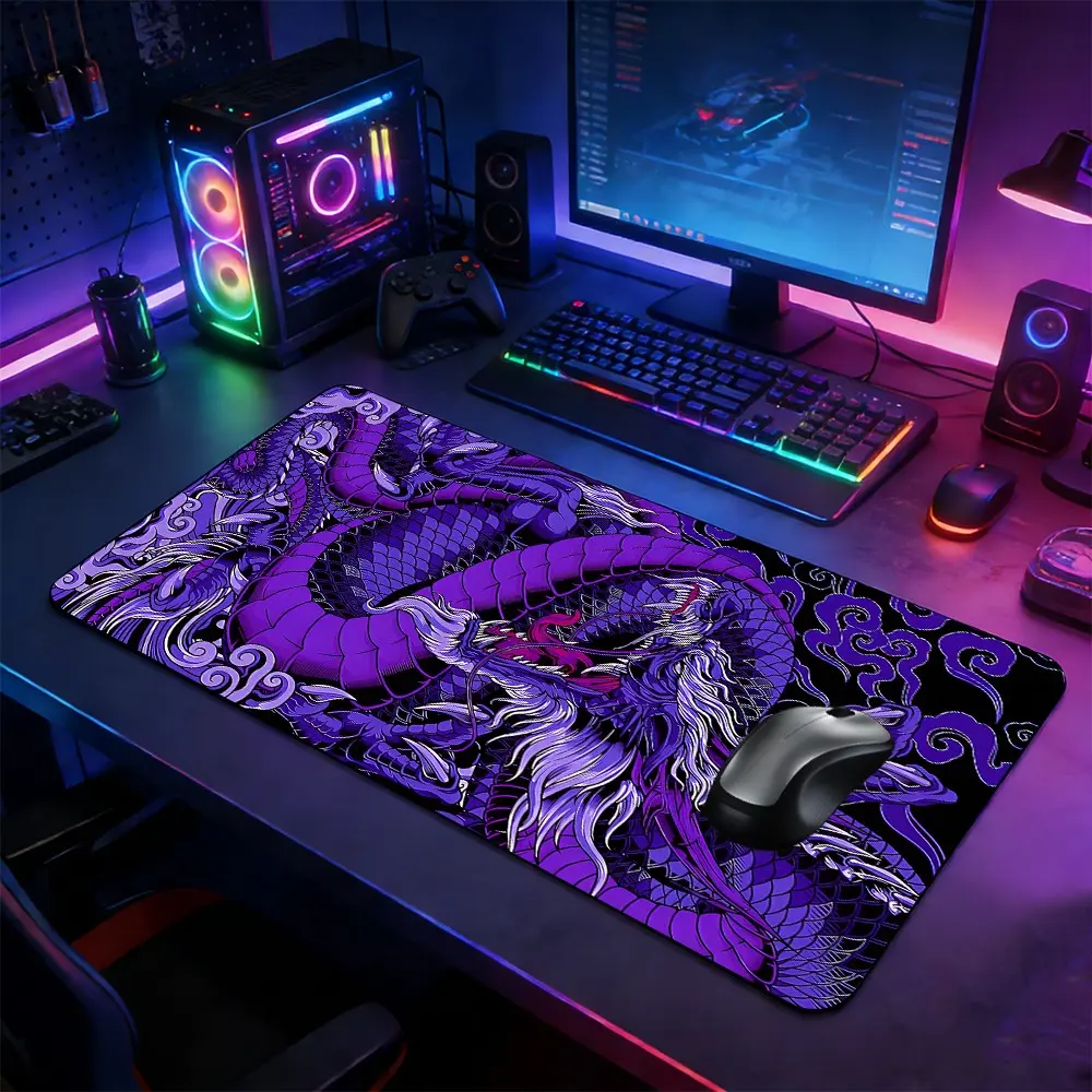 Dark Purple Oriental Dragon Pattern XXL Desk Mat, Large Extended Gaming Mouse Pad, Non-Slip Rubber Base, Stitched Edges, Smooth Surface,Keyboard Mouse Pad for Office,School, Gaming,Perfect Gift for Gamer,Friends,Daily Use,Multiple Sizes Available