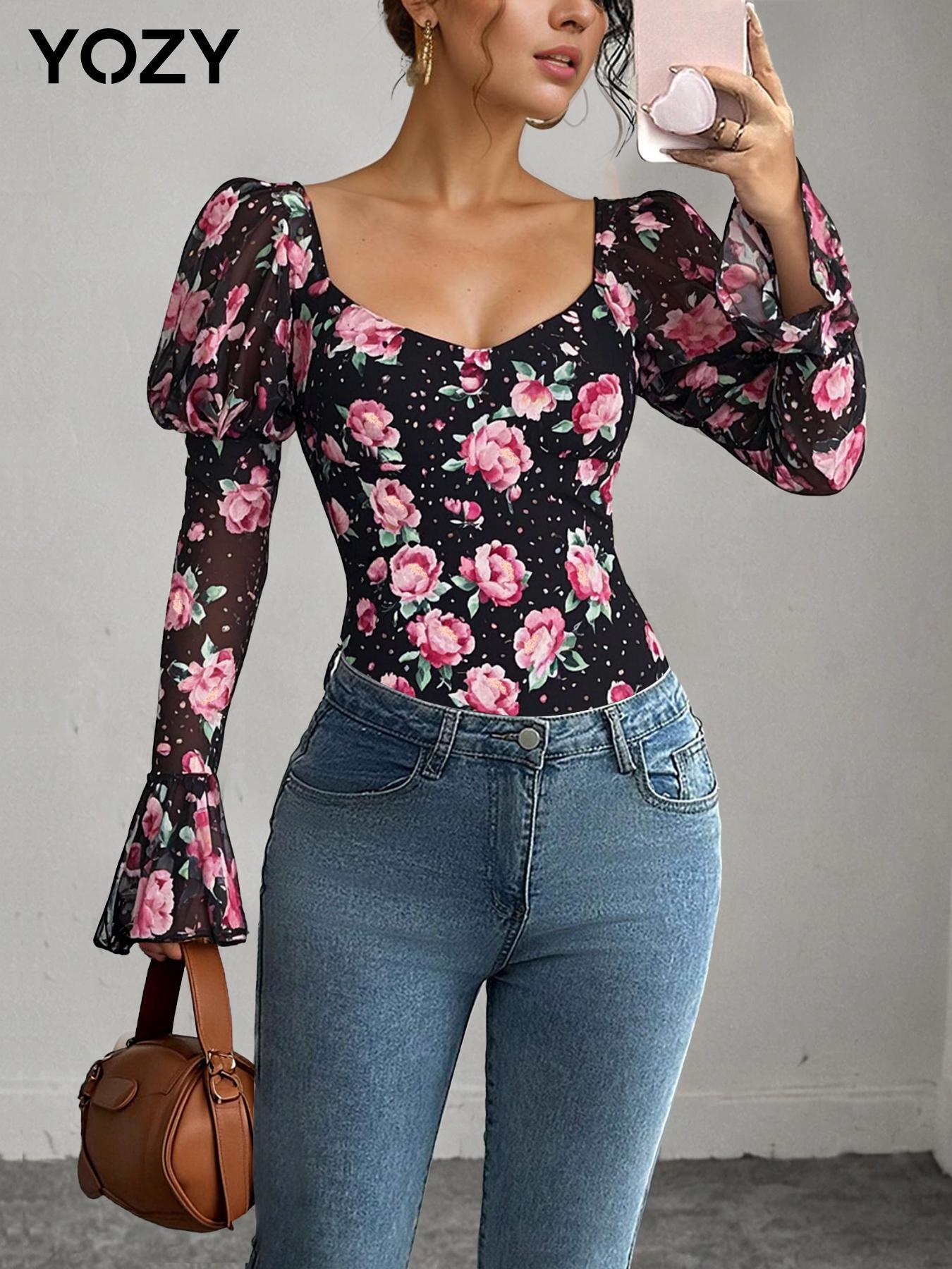 YOZY Women's Floral Print Leg-Of-Mutton Sleeve Bodysuit, Elegant Long Sleeve Square Neck Bodysuit for Spring & Fall, Ladies Clothes for Daily Wear