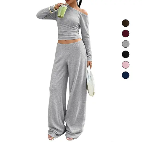 ASANDY Women's 2-Piece Asymmetrical Off-Shoulder Long-Sleeve Crop Top & Elastic-Waist Wide-Leg Pants Set - Soft Stretchy Joggers Shirt Combo, Gym Tracksuit, Fitness Training Wear for Workout, Daily Wear