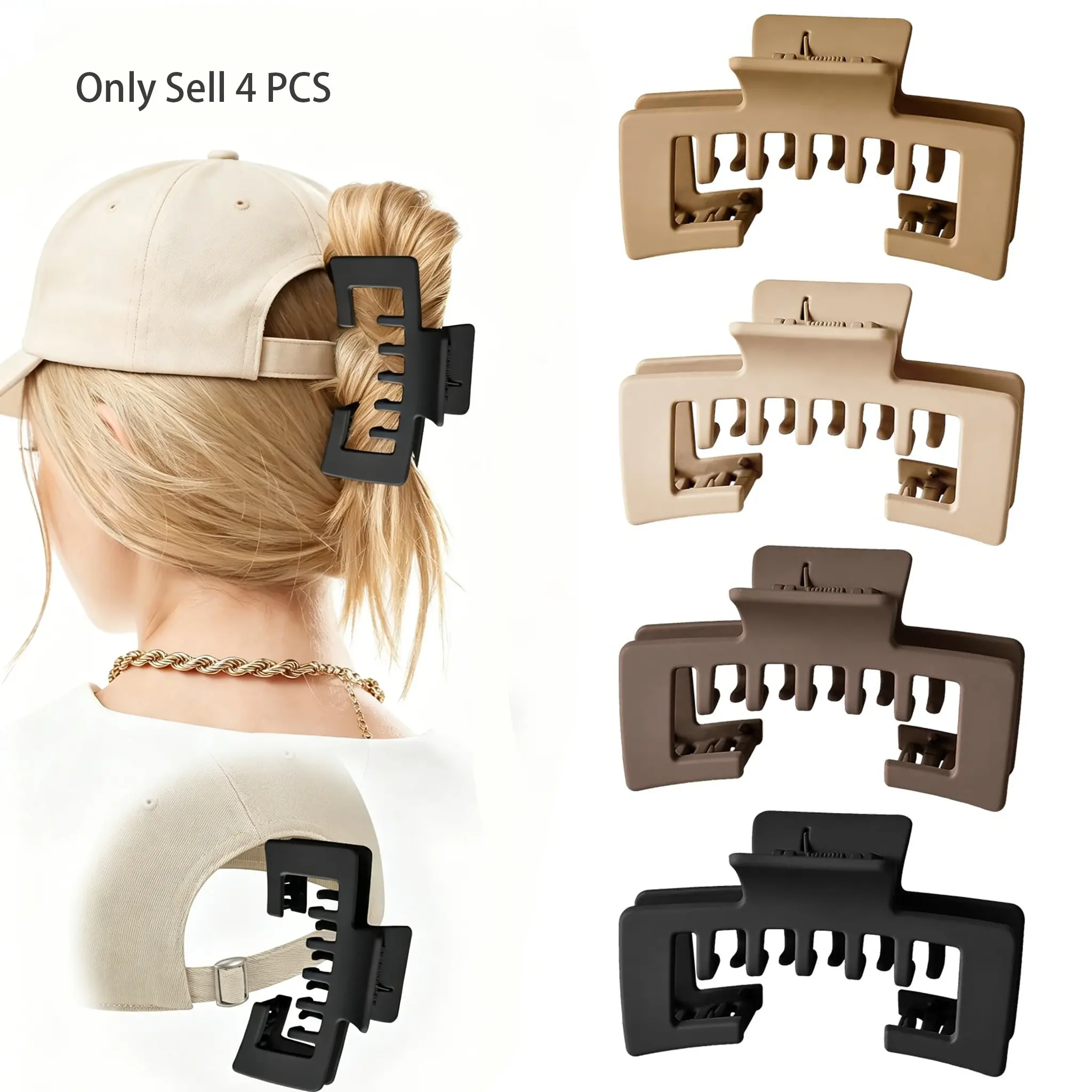 4 PCS Hat-Friendly Claw Clips for Baseball Caps, Strong Non-Slip Square Hair Clips, Fun Claw Clips, Mixed Colors, Hair Accessories for Thick and Fine Hair, Women's Hat Hairstyles & Gifts, Hair Clips for Styling, Anti Slip Clips