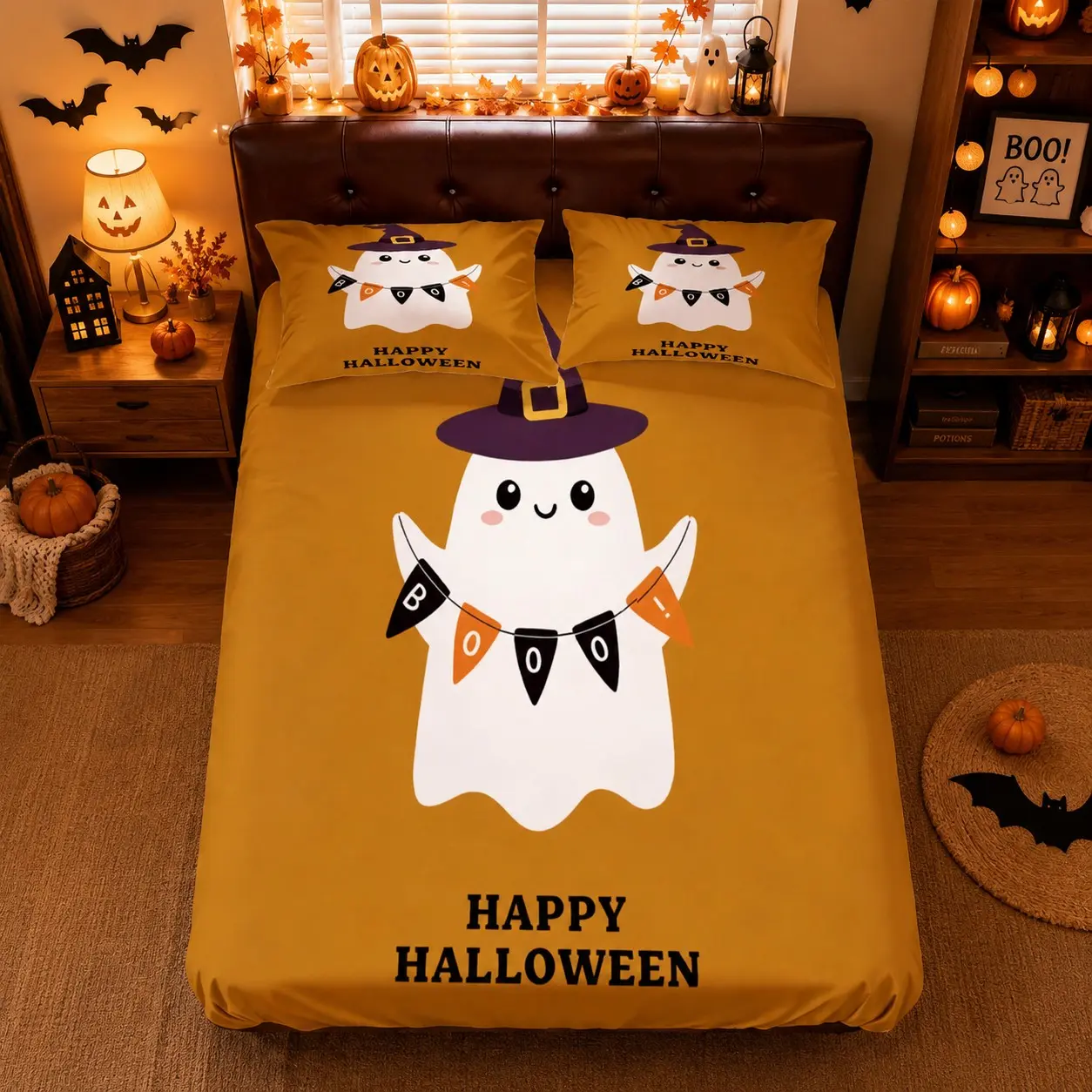 3 Pieces Halloween Fitted Sheet Set, Cute Cartoon Ghost Witch Hat Boo Banner Print Bedding, 1 Fitted Sheet + 2 Pillowcases, No Pillow Inserts, Ultra Soft Microfiber Fitted Sheet, Halloween Room Decor for Teens Dorm & Bedroom
