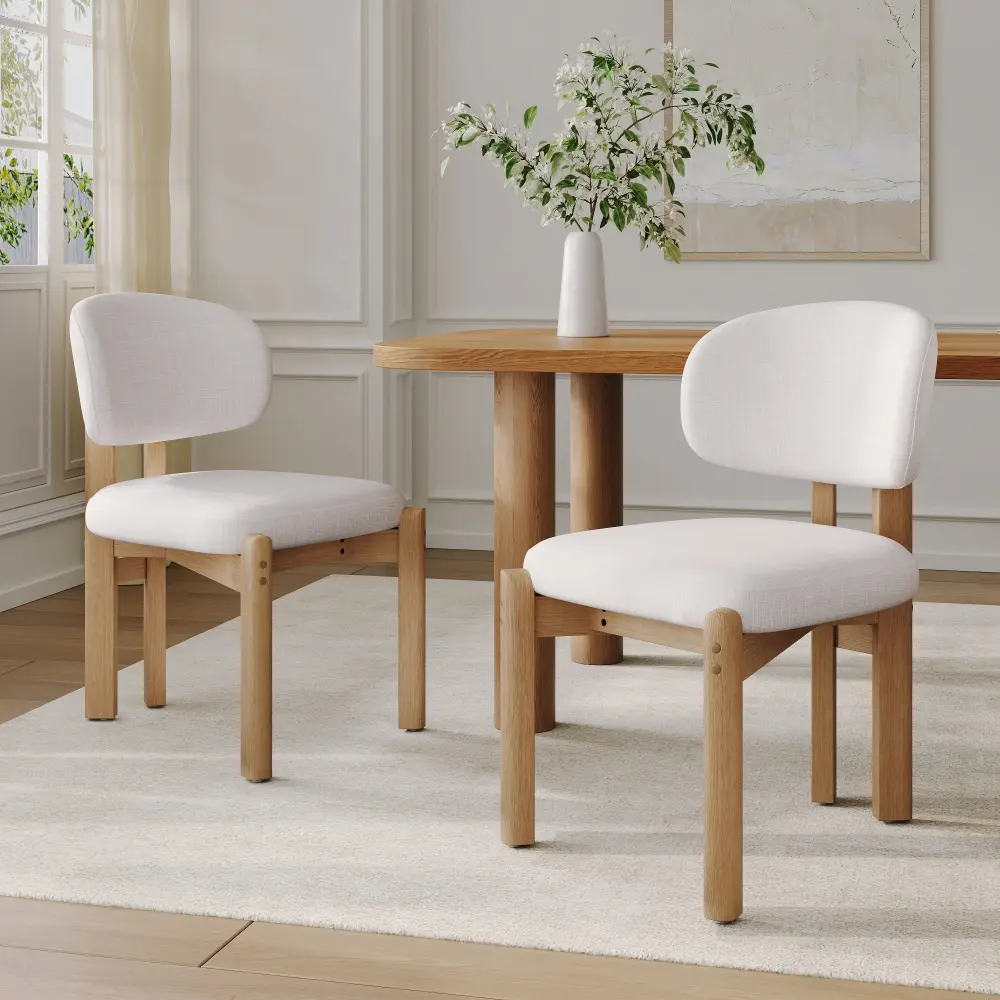 Littleox Beige Upholstered Scandinavian Natural Finished Frame Dining Chairs (Set of 2)