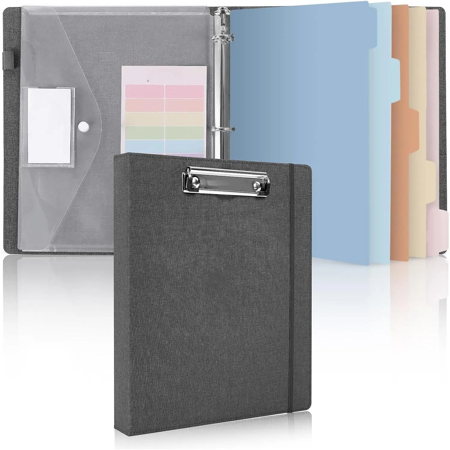 3 Ring Binder with Clipboard,1 Inch Linen Binder for 3 Hole Punch Letter Size Loose Leaf Paper with 5 Dividers, Pocket and Labels School and Office Supplies