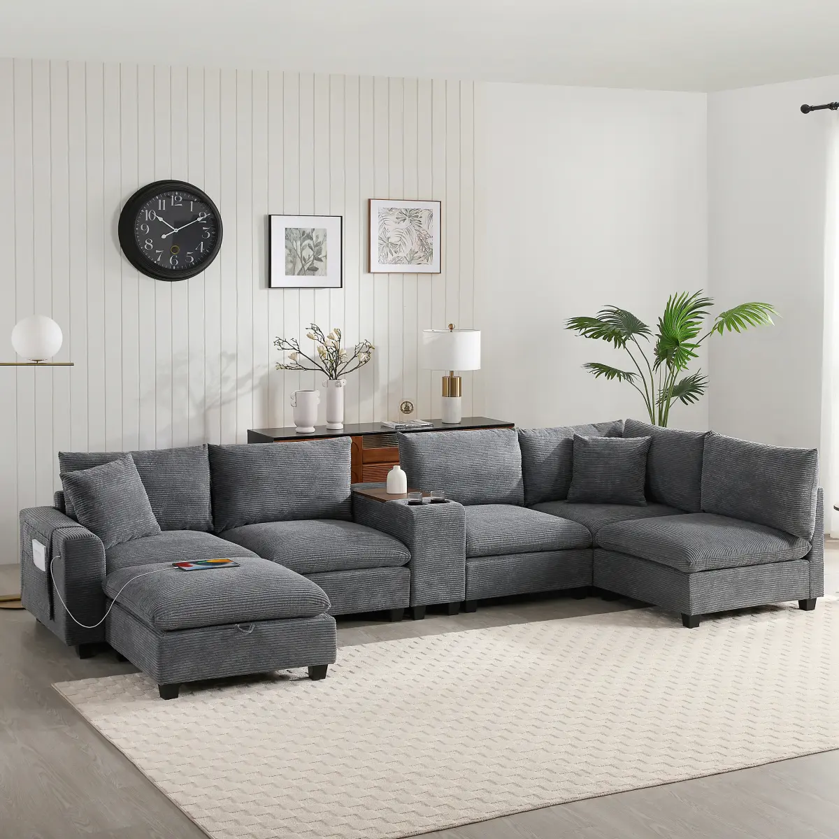 Aobtkel 139" U-Shaped Modular Sectional Sofa with Console and Movable Storage Ottoman, 6-Seater Corduroy Couch with 30" Wide Seats, USB Charging, Cup Holders, Storage Pockets and 2 Pillows for Living Room and Family Room