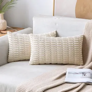 Pack of 2 Corduroy Decorative Lumbar Throw Pillow Covers 20x12 Inch Soft Boho Striped Pillow Covers Modern Farmhouse Home Decor for Sofa Living Room Couch Bed Cream White