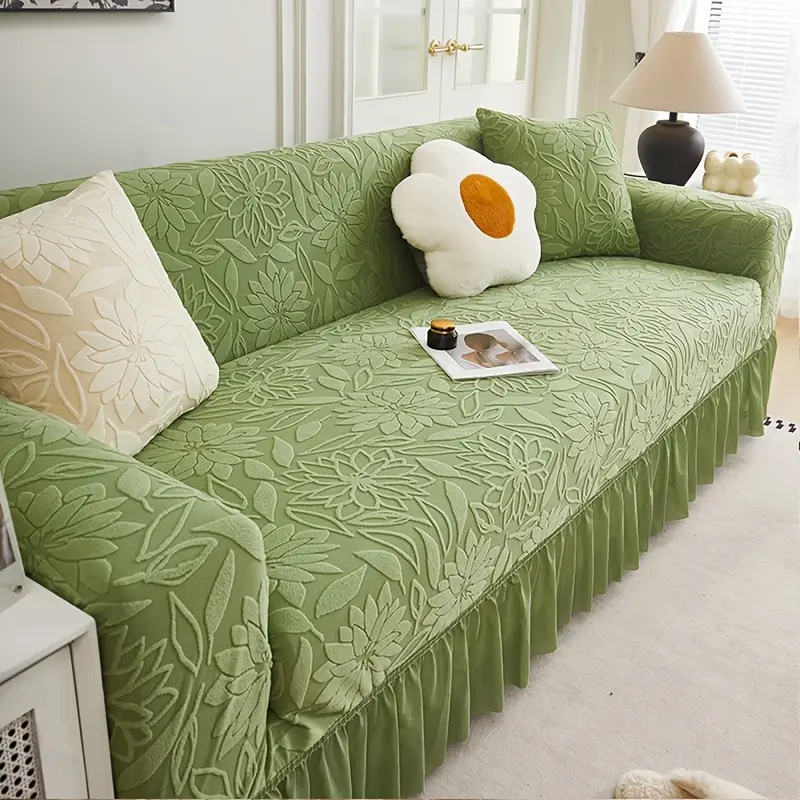 2026 New Camellia Ruffled Sofa Cover, Couch Slipcover, Full-cover Universal Polar Fleece Slipcover, Anti-scratch & All-season Integrated Style, Sofa Slipcovers