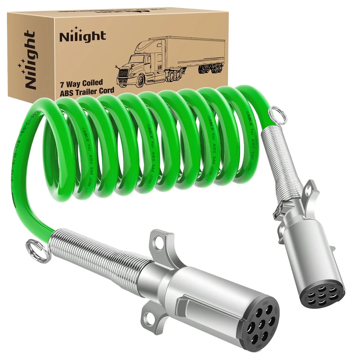 Nilight 12FT Coiled ABS 7-Way SAE J560 Trailer Cable - Heavy-Duty Zinc Die-Cast Plug, Corrosion-Resistant Green Wire, Pure Copper Core, Stainless Steel Spring for Power Transfer, Signal Lights, Semi Trucks