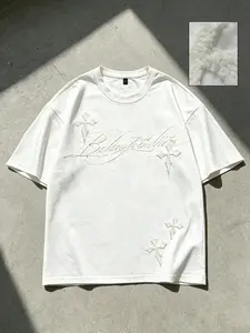 Cleanfit Round Neck Short Sleeve T-Shirt, Embroidered Cross Letter Graphic, Loose-Fit Street Style, Long Length, Unlined