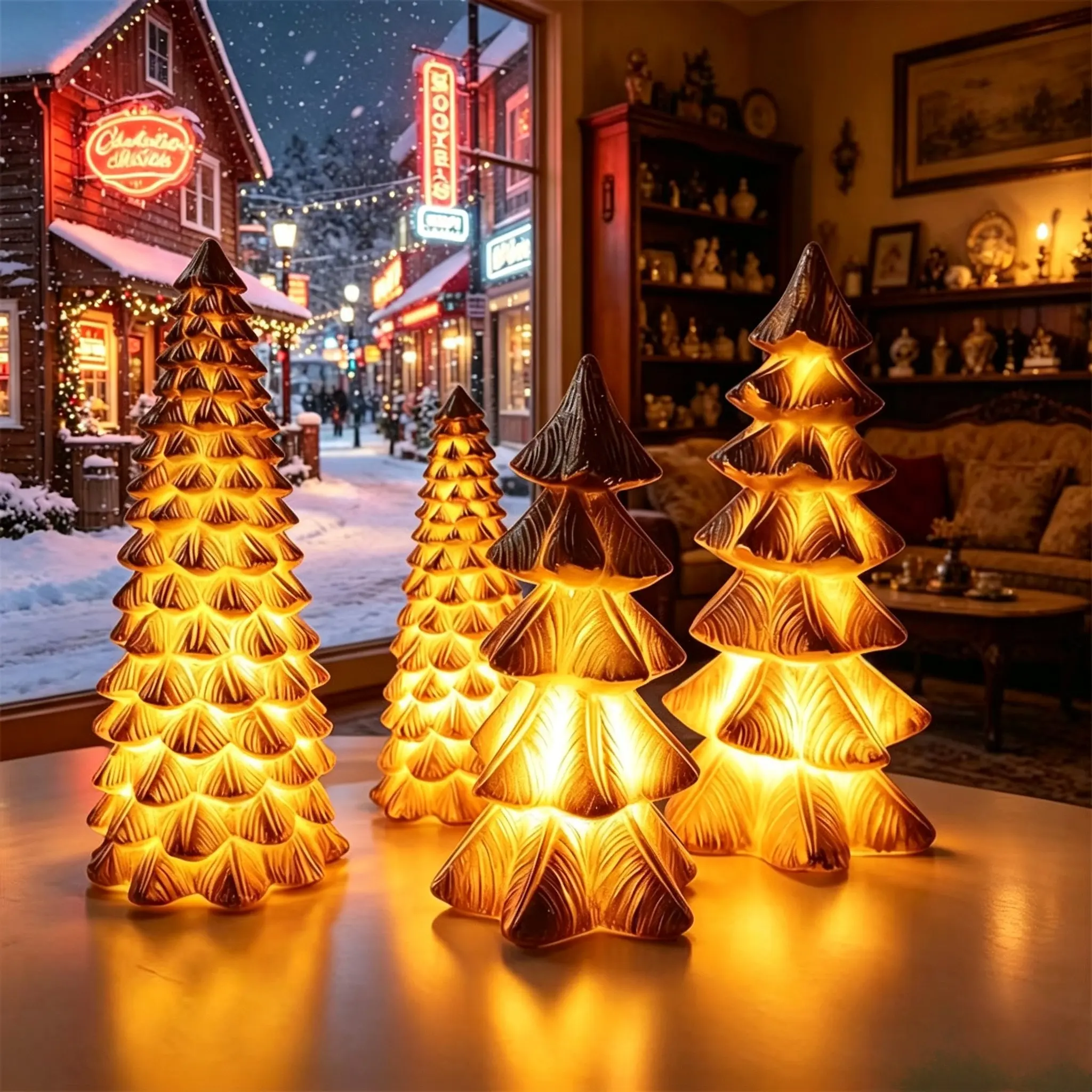 4Pcs Light Up Golden Resin Christmas Tree Figurine Set, Warm Light Mini Xmas Tree Tabletop Ornaments, Winter Christmas Home Window & Mantel Decor Gift