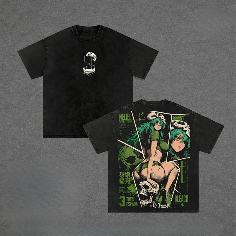 Japanese Anime BLEACH T-shirt Nelliel Tu Odelschwanck Vintage Washed T Shirt Summer Cotton Short Sleeve Tee Clothes Men Clothing