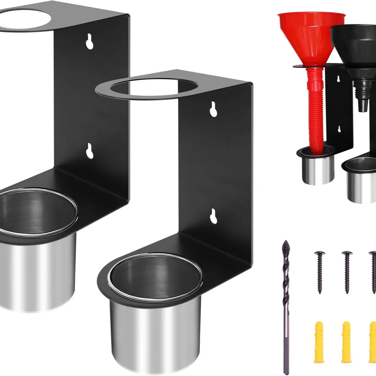 2-Piece Wall-Mounted Oil Funnel Rack, with 2 Detachable Oil Cups, Storage Shelf for Workshop, Car Repair Shop, Home Use