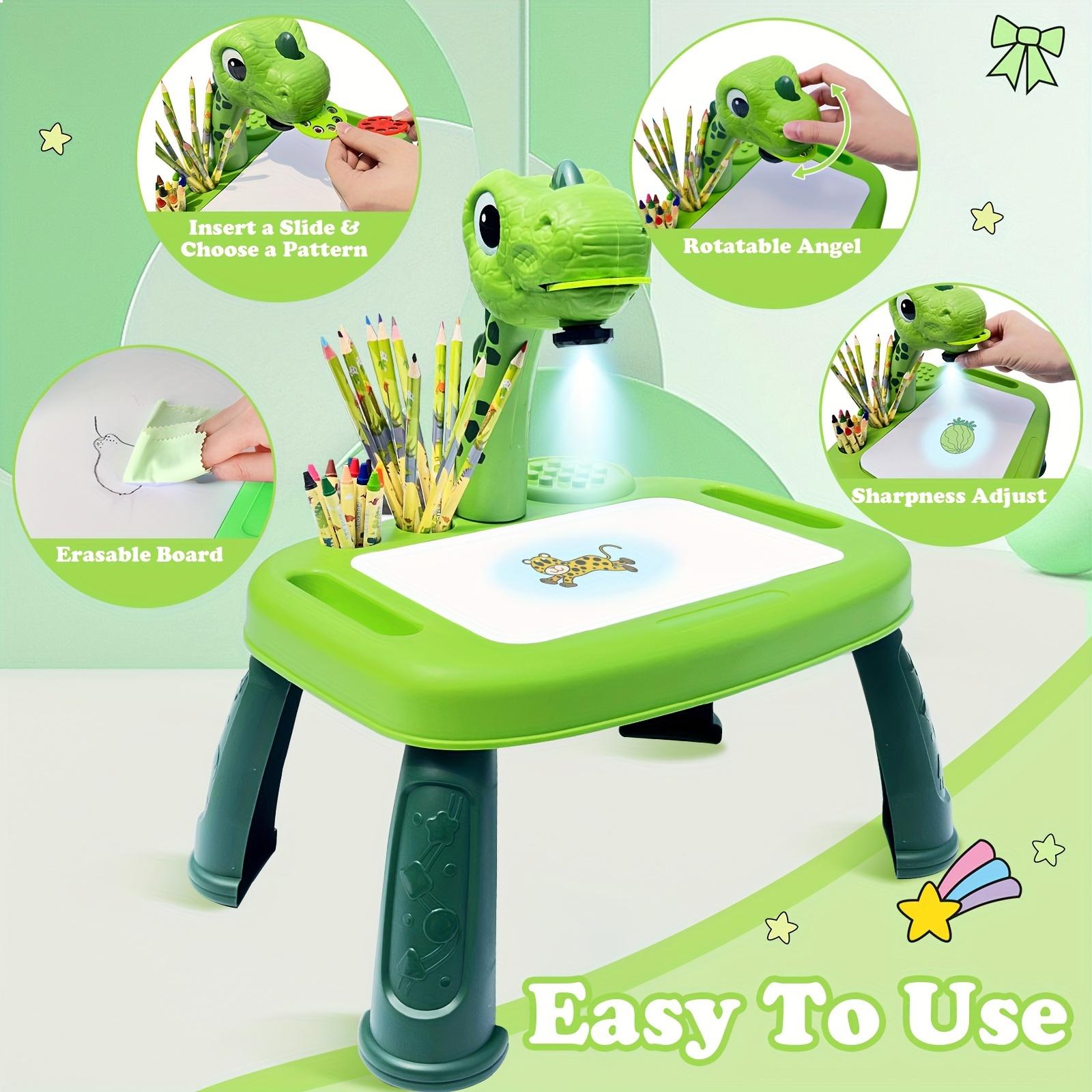 Dinosaur Theme Children's Drawing Projector Set - Green ABS Art and Craft Kit with LED Lights, Pencils, Watercolor Pens, Crayons, Scrapbook, Sticker Book, etc. - Suitable for Boys Aged 3 and Above