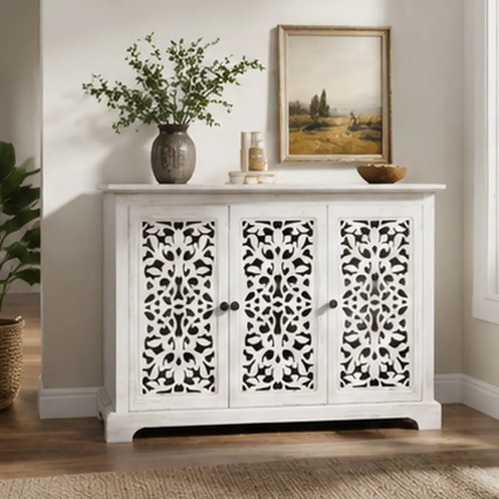 ARCH Antique Sideboard Storage Cabinet with 3 Carving Doors, Vintage Buffet Server Console Table for Dining Room Living Room Hallway, Solid Wood+MDF, Antique White, 15.74x44.09x29.92 in, Antique White Color Options, Solid Wood+MDF Material