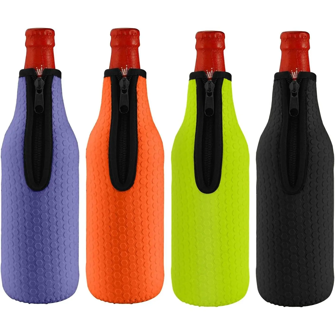 16oz to 18oz Glass  Bottle Insulator Sleeves, 4 Pack, 4 Colors | Soft Insulated, Neoprene Cooler Covers, Non-slip Thick Jacket, Coolier Drink Holder, With Zipper, Black/Yellow/Orange/