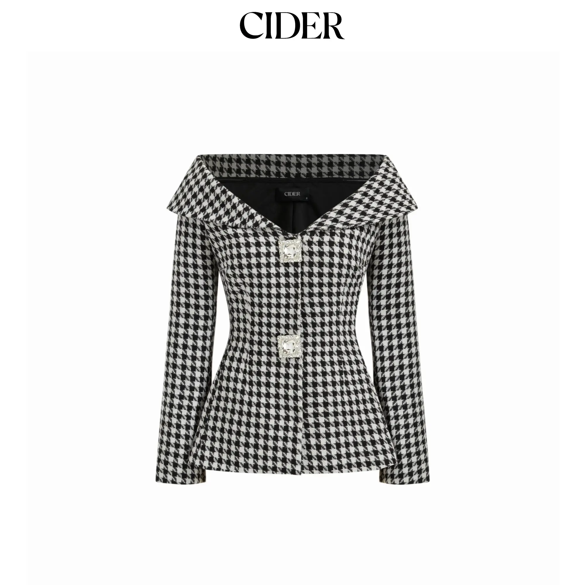 Cider Women's Tweed Houndstooth Blazer with Rhinestone Detail, Cinched Waist, Collar