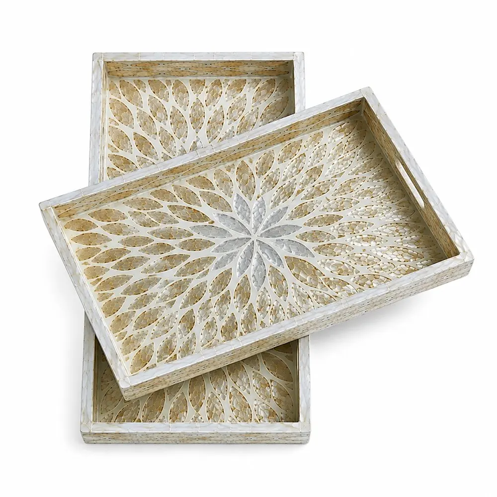 2 In 1 Set Capiz Rectangular Decorative Tray 11.8 x 7.9 inches And 13.8 x 9.8 inches – Handmade Cream And Black Capiz Shell Serving Tray with Handles for Coffee Table, Vanity, Kitchen, Coastal Boho Home Decor