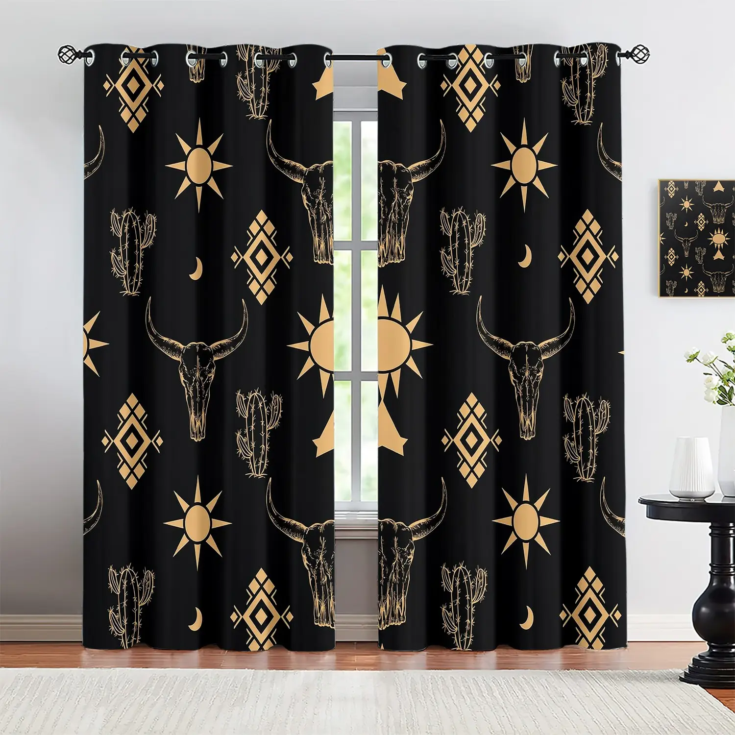 Western Cow Skull Curtains, Gold Aztec Semi-Sheer Drapes, Room Darkening Ring Top, Living Room Bedroom Decor, 2 Panels