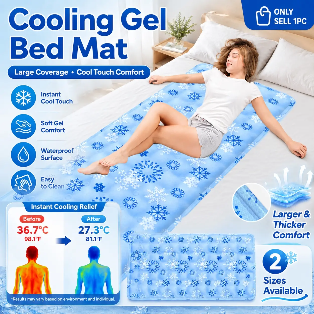 Summer Cooling Gel Mat for Bed and Sofe Blue Snowflake Ice Pad, Foldable Cold Gel Body Pad with Instant Cooling Relief, No Electricity Needed, Breathable Cool Mattress Topper and Cushion for Bedroom, Dorm, Sofa, Office Chair, Pet Bed, Hot Weather Sleep