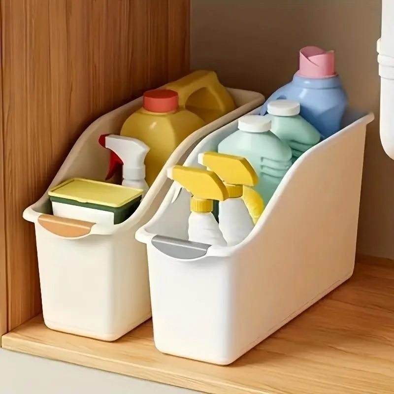 2-Pack Arc-Shaped Durable Plastic Kitchen Storage Boxes, Space-Saving for Sink, Food Pantry, Cabinets, Cleaning Supplies, Bathroom Organization