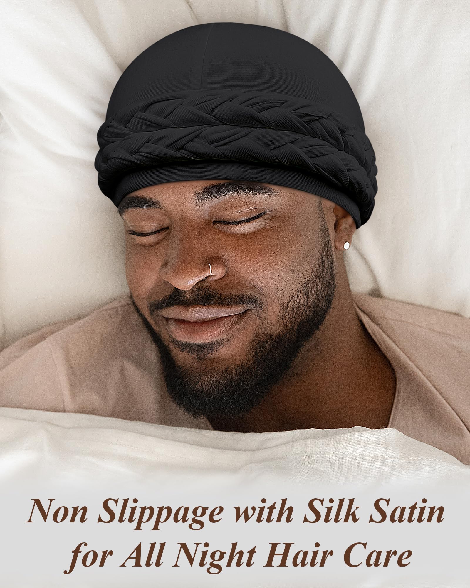 2 Packs Satin Lined Turban for Women & Men - Silky Halo Durag for Waves, Braids, Locs - Comfortable Sleeping Bonnet & Sleep Cap for Hair Protection
