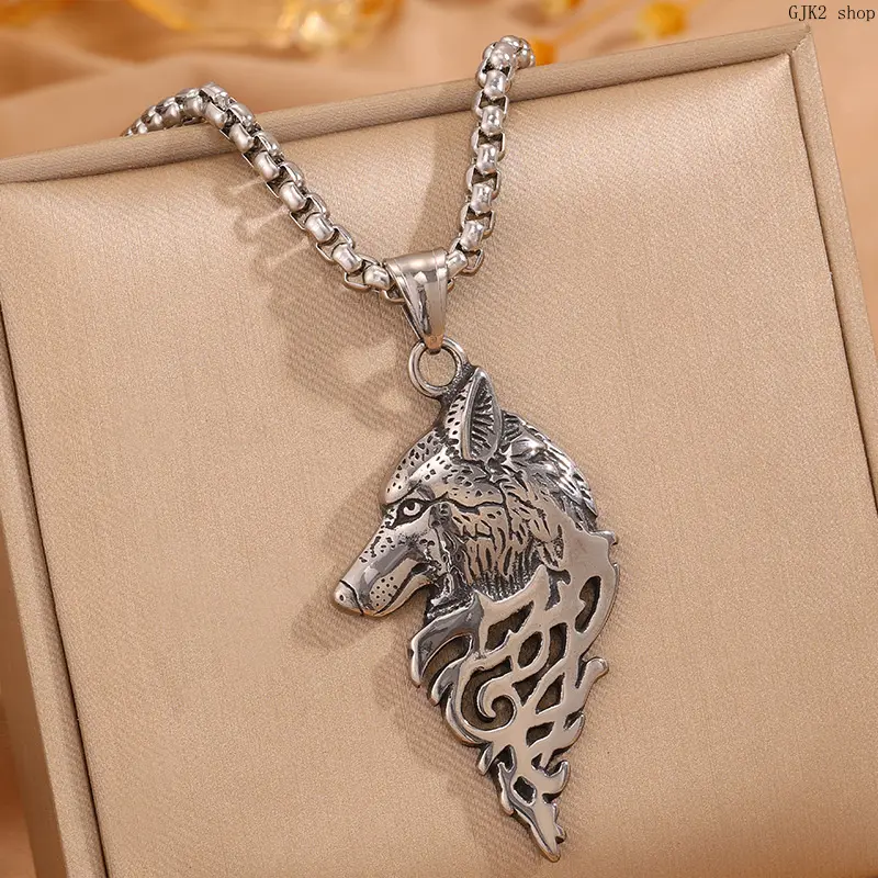 Silver Tone Hollow Wolf Head Pendant Box Chain Necklace