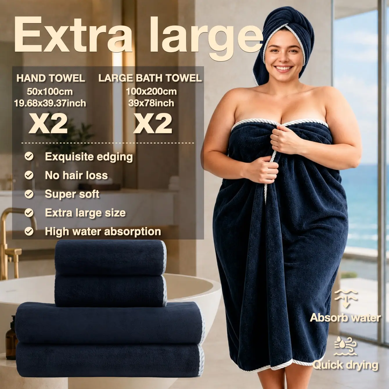 4-Piece Luxury Bath Towel Set, Giant 39x78inch, Thick Coral Fleece, Soft Quick-Dry, Hotel-Quality, Multi-Use for Spa & Home, Soft Bath Towels
