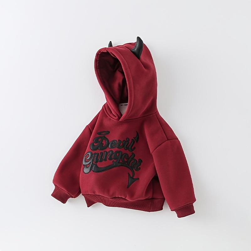 Boys Fleece Hoodie Red Devil Letter Pattern Winter Warmth Loose Casual Pullover Machine Washable Christmas Halloween 2025 New Stylish Design Durable Material Kids Hooded Sweatshirt