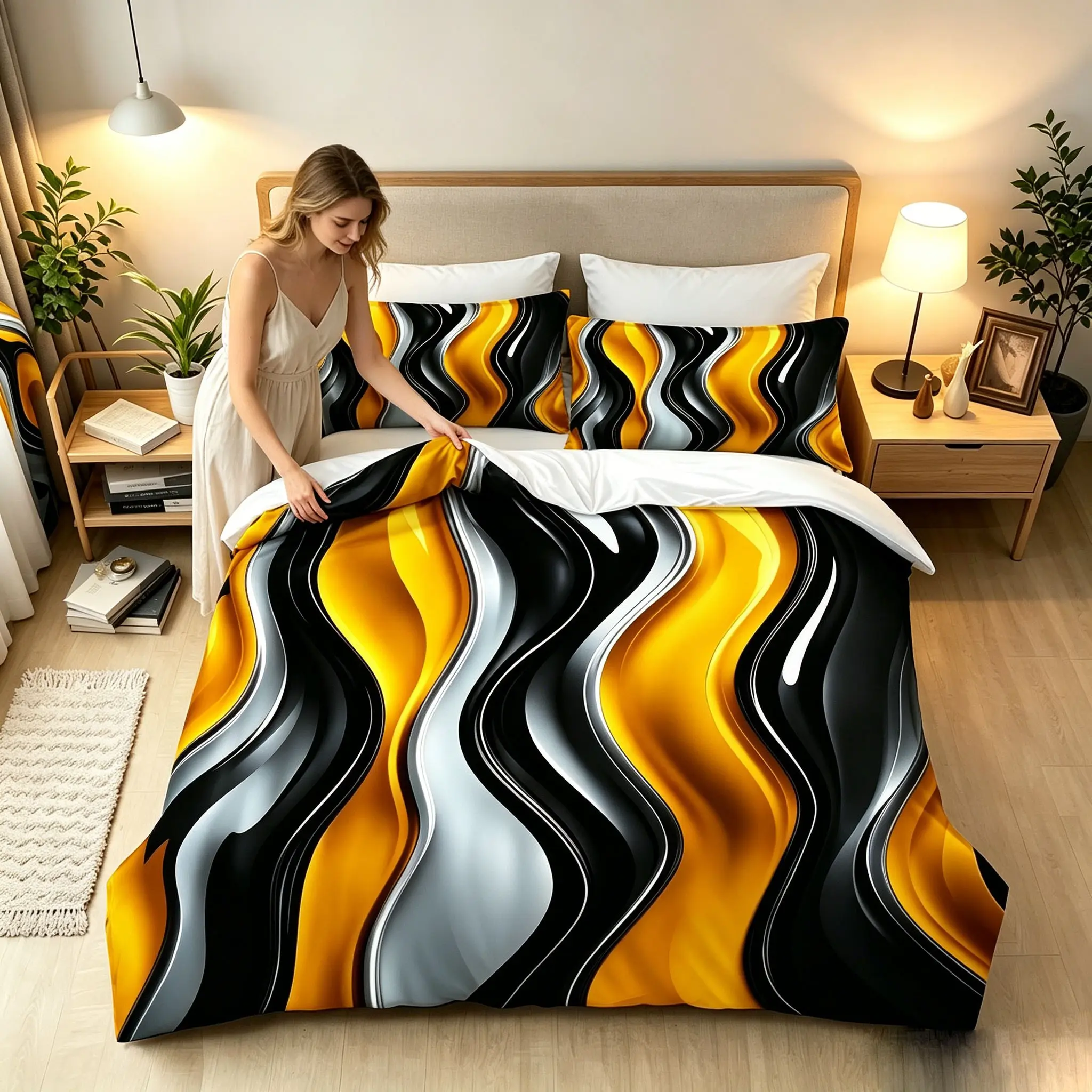 Abstract Wave Metal Gold Vortex Bedspread Set, Modern Art Design Adult Bedding, Soft Comfortable Quilt Set with 2 Pillowcases