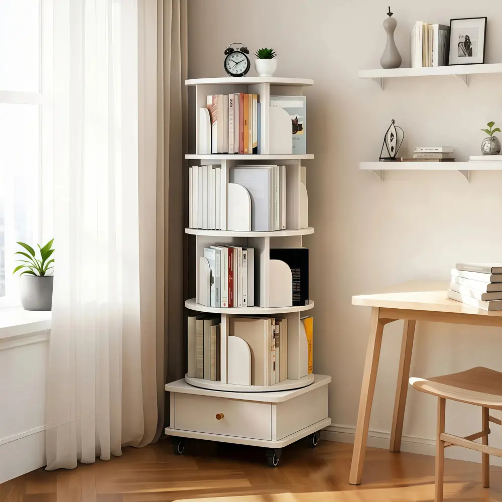 Littleox 5-Tier 360° Rotate Round Tower Bookshelf, Single Unit with Wheels, Drawer & Thickened Base, Easy Install Space-Saving Office/Commercial Furniture for Bedroom, Living Room, Warm White