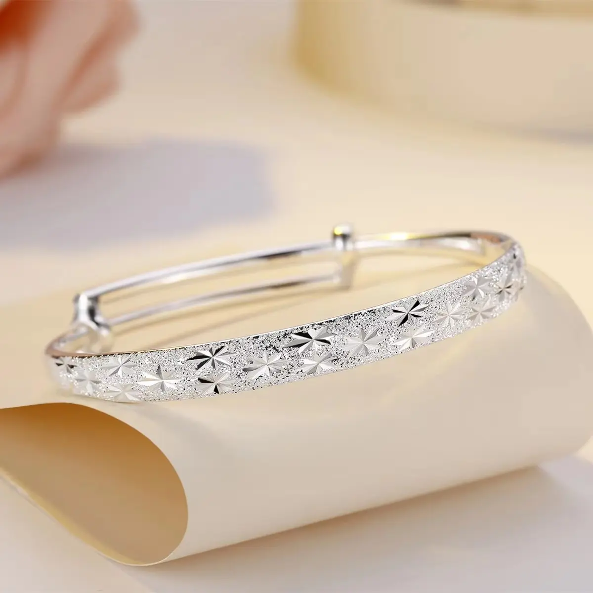 Adjustable 999 Pure Sterling Silver Women's Bangles Chinese Style Cuff Bangle Fine Jewelry with Gift Box 999 Grade Sterling Silver Bangle for Adult and Child Set Cuff Certificated Jewelry Adjustable Sizes Wire Bangle Shiny Polished