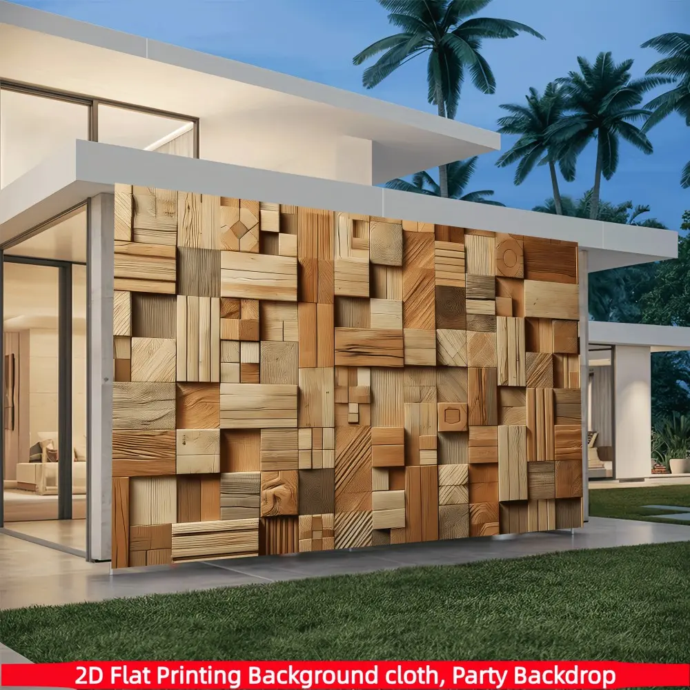 1PC 2D flat wood block wood grain banner, staggered depth of solid wood block texture, retro wooden wall pattern, polyester fiber, suitable for garden decoration, office bedroom living room scenery, literary photo background